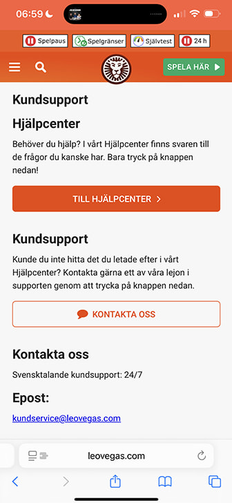 LeoVegas mobilvy som visar Hjälpcenter och svensk kundsupport