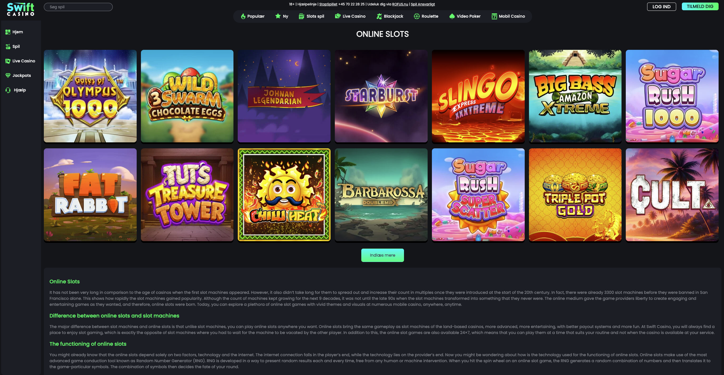 Swift Casino spilkatalog med fremhævet sektion for høj-RTP spilleautomater