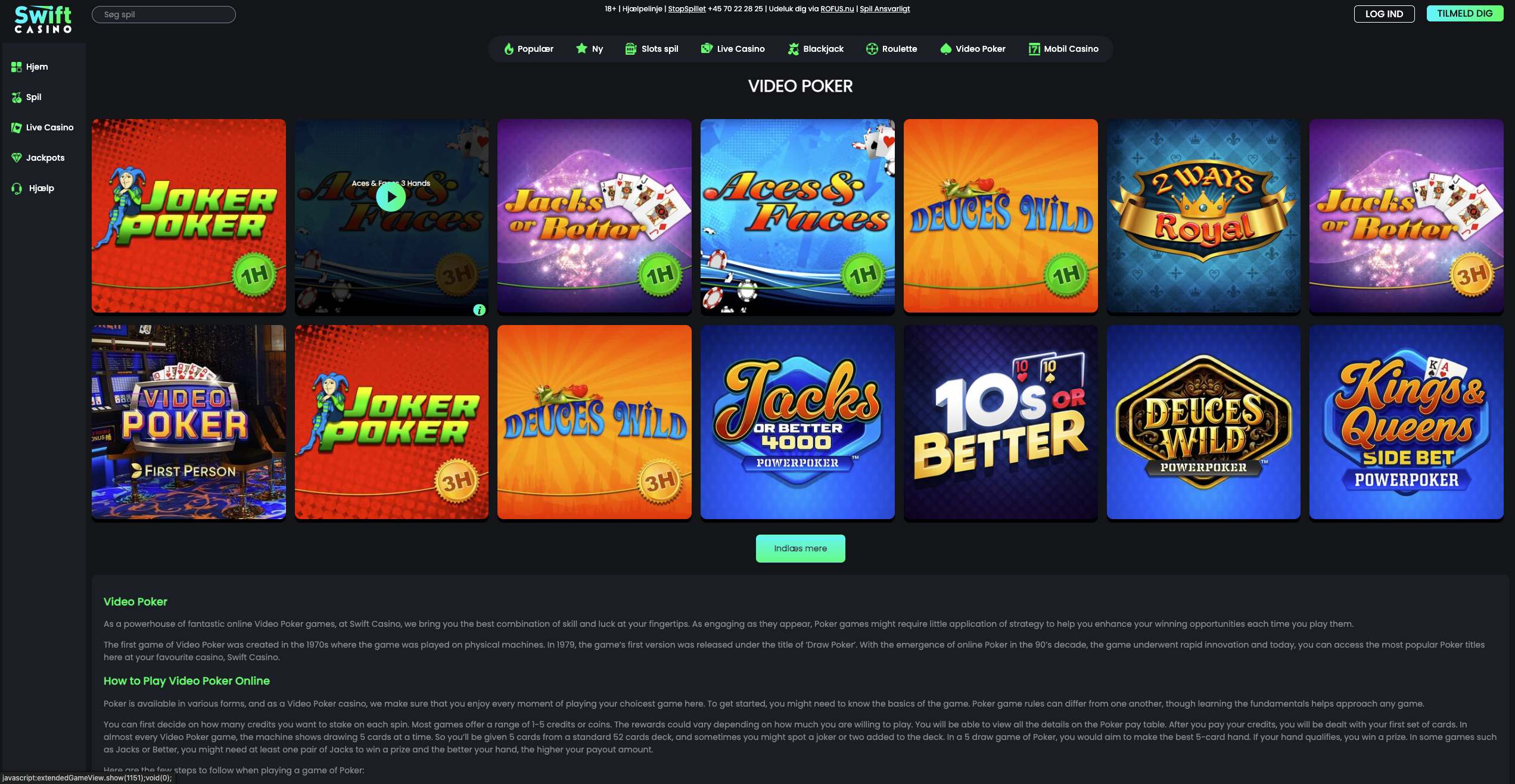 Swift Casino spil oversigt med video poker varianter.
