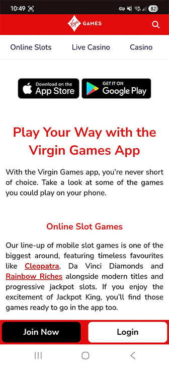 Virgin Games Casino Mobile App Information