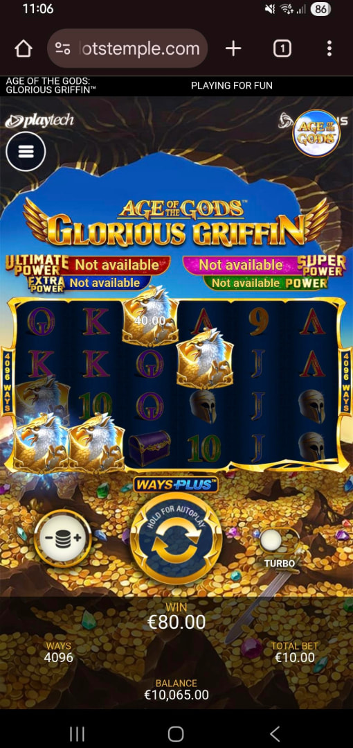 Testing Age of the Gods: Glorious Griffin Slot by Playtech