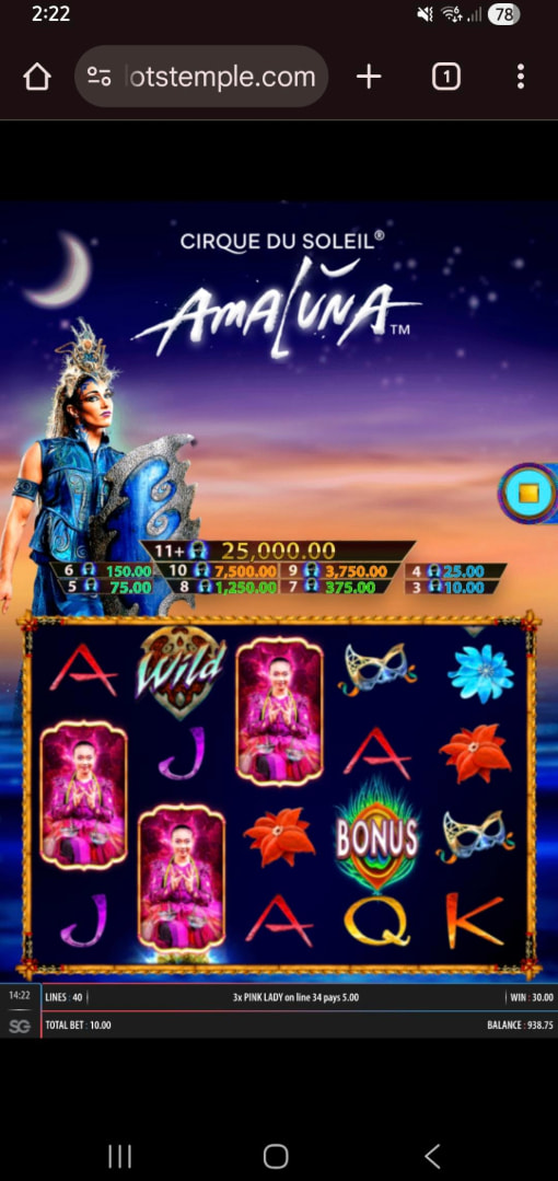 Testing Amaluna Cirque du Soleil slot by Bally (now listed under Scientific Games).