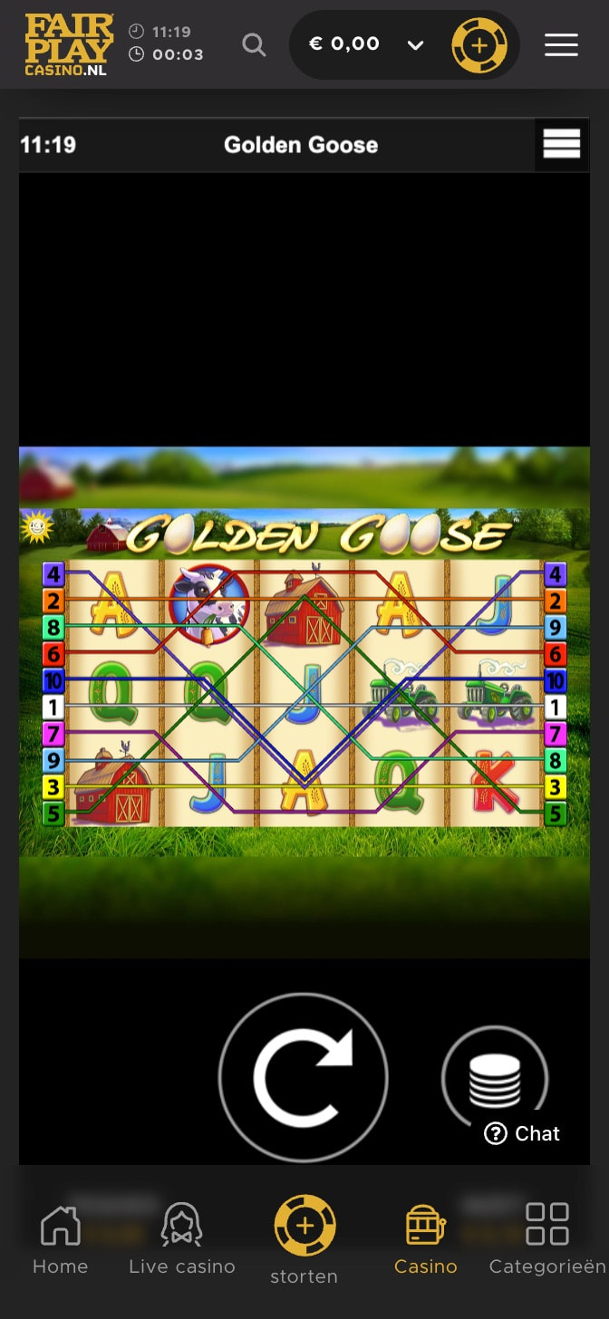 Mobiele screenshot van de Golden Goose gokkast bij Fair Play Casino.