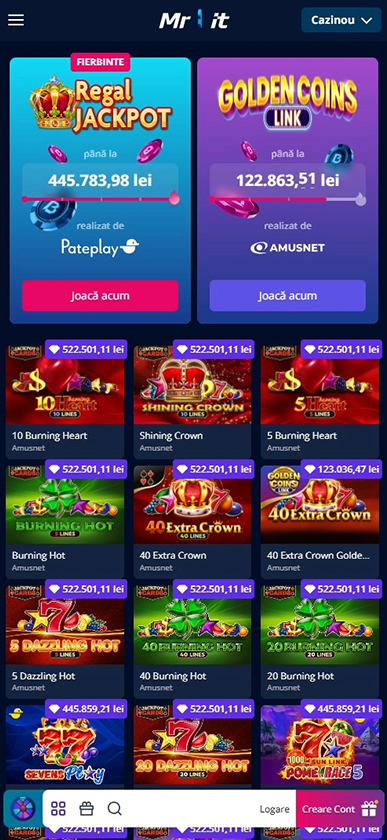 Selecție de jocuri cu jackpot la Mr Bit.