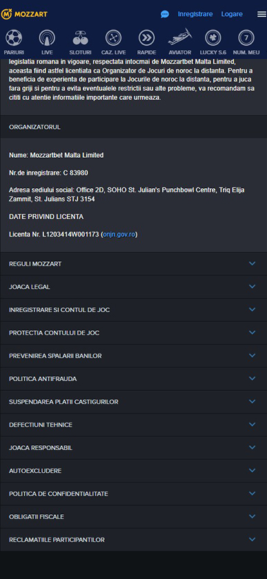 Licența Mozzart Casino.
