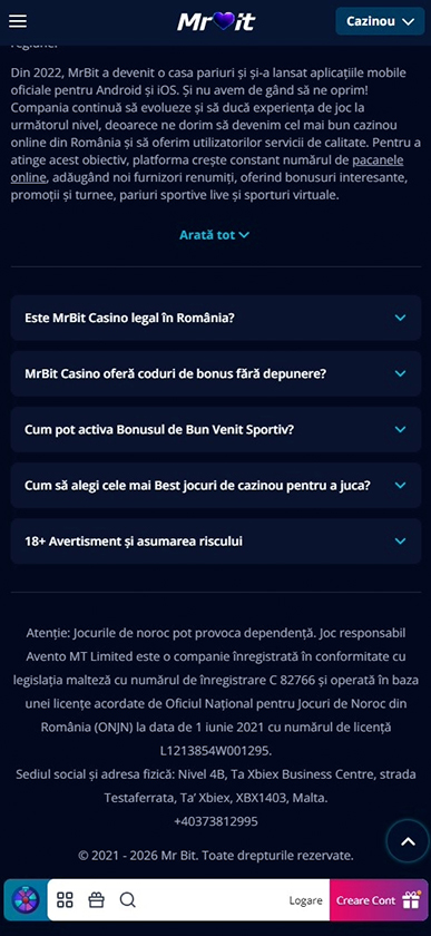 Informații despre sediul și licența companiei de pe site-ul Mr Bit.