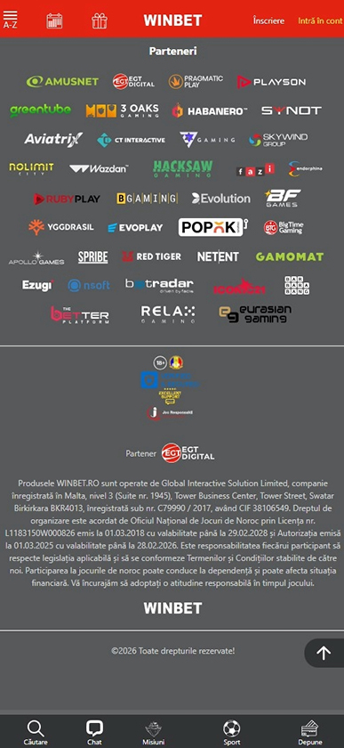 Pagina cu licența și acreditarea cazinoului Winbet.
