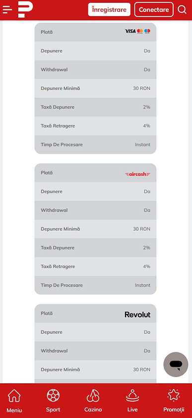 Metode de plată la Powerbet Casino.