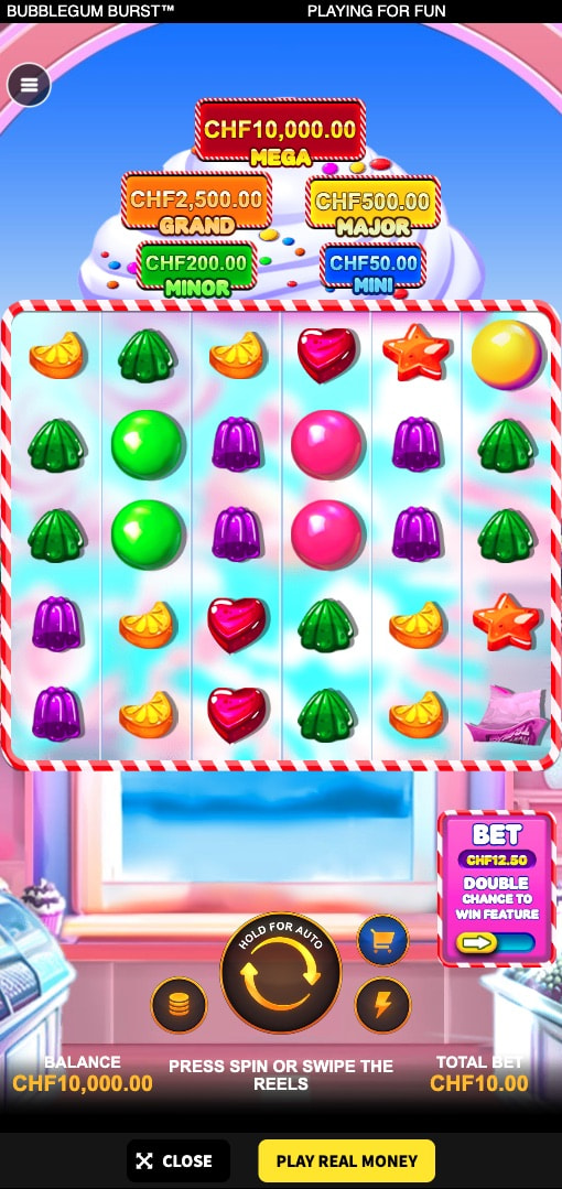 Mobiele weergave van de kleurrijke Bubblegum Burst gokkast.