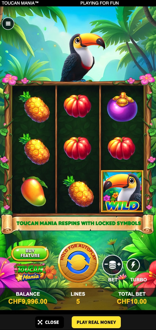 Screenshot op een mobiele telefoon van de Toucan Mania gokkast.