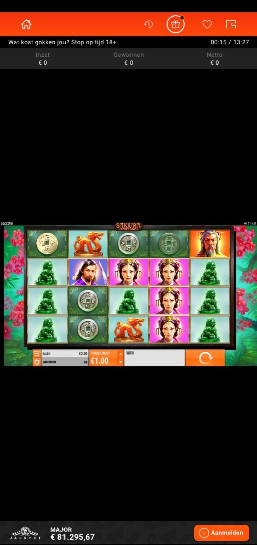 Screenshot op een mobiele telefoon van de Sakura Fortune gokkast.