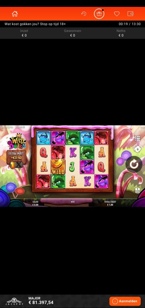 Screenshot op een mobiele telefoon van de Wild Beans gokkast.