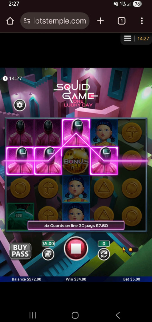 Testing Squid Game - One Lucky Day slot by Bally (now listed under Scientific Games).