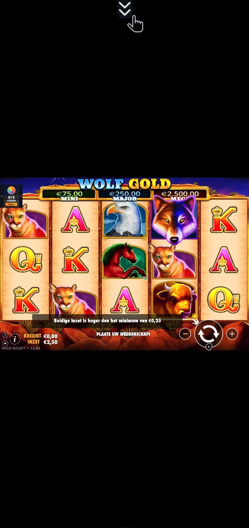 Screenshot op een mobiele telefoon van de Wolf Gold gokkast.