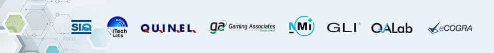 An overview of the logos of approved labs that control the fairness and randomness of online roulette results.