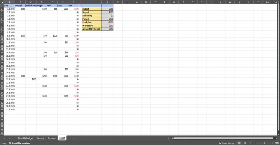 A Casino Bankroll Management Sheet in Excel