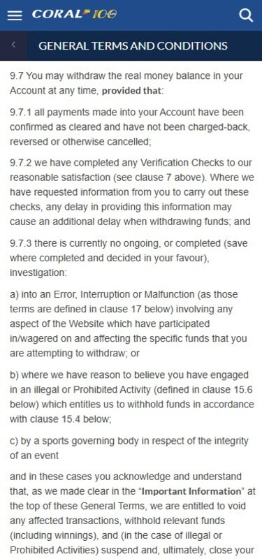 Coral General Terms and Conditions clause 9.7 - right to withdraw real money balance