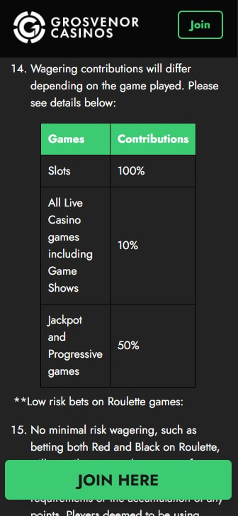 The Game Restrictions in the Bonus Terms of Grosvenor Casino