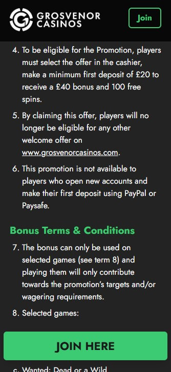 The Deposit Requirements in the Bonus Terms of Grosvenor Casino