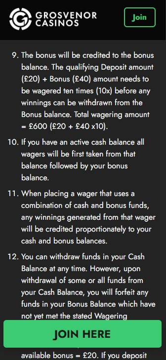 The Wagering Requirements in the Bonus Terms of Grosvenor Casino