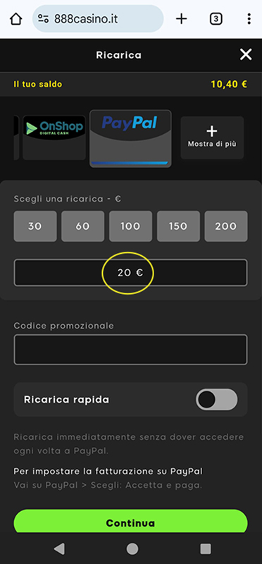 Inserimento dell'importo del deposito sul casinò online 888casino