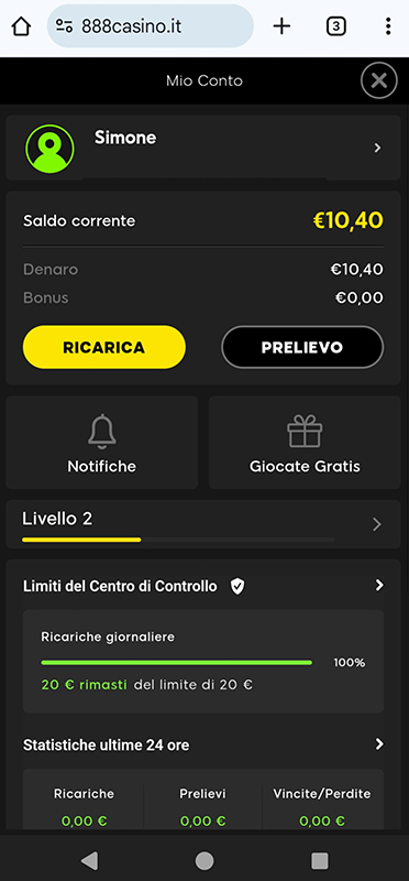 La pagina della cassa del casinò online 888casino