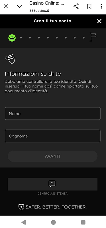 La pagina di registrazione al casinò online 888casino
