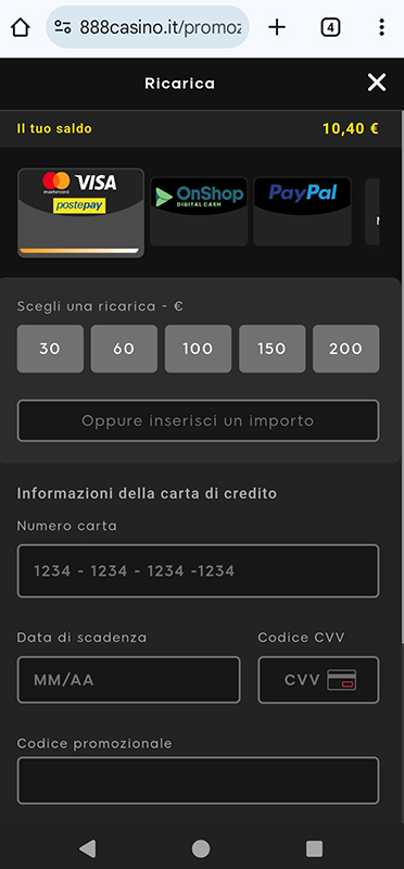 La pagina dei versamenti di 888casino