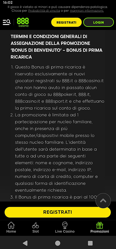 Il regolamento del bonus del casinò online 888casino