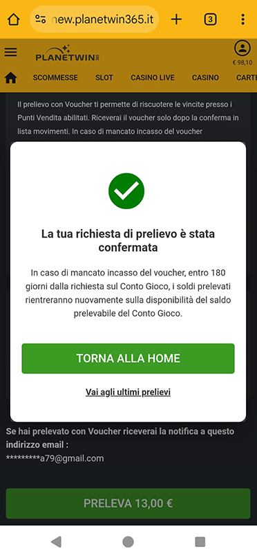 La conferma della richiesta di prelievo sul casinò online Planetwin365