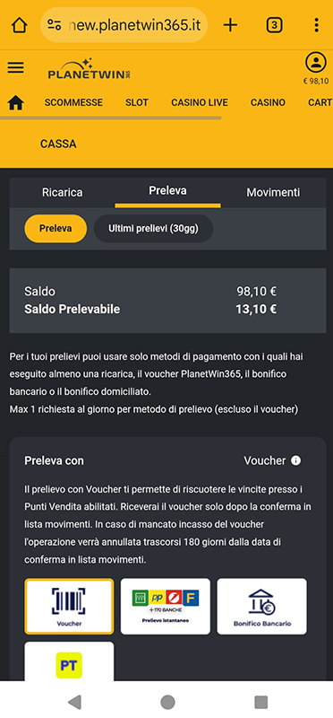 La pagina della cassa del casinò online Planetwin365