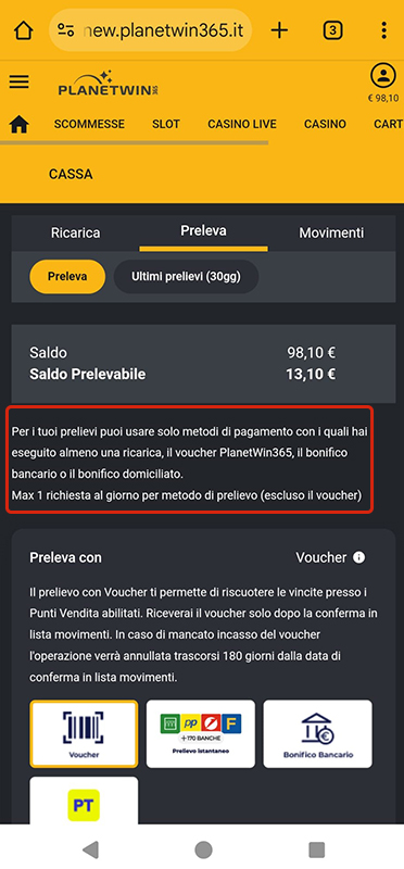 I termini di prelievo del casinò online Planetwin365