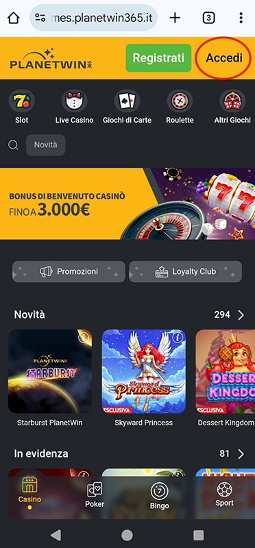 La pagina di login al casinò online Planetwin365