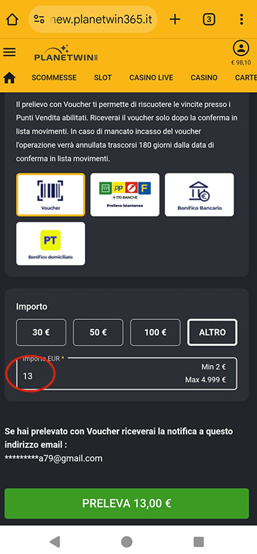 Inserimento dell'importo del prelievo sul casinò online Planetwin365