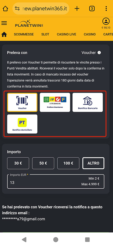 La schermata di selezione del metodo di prelievo nel casinò online Planetwin365