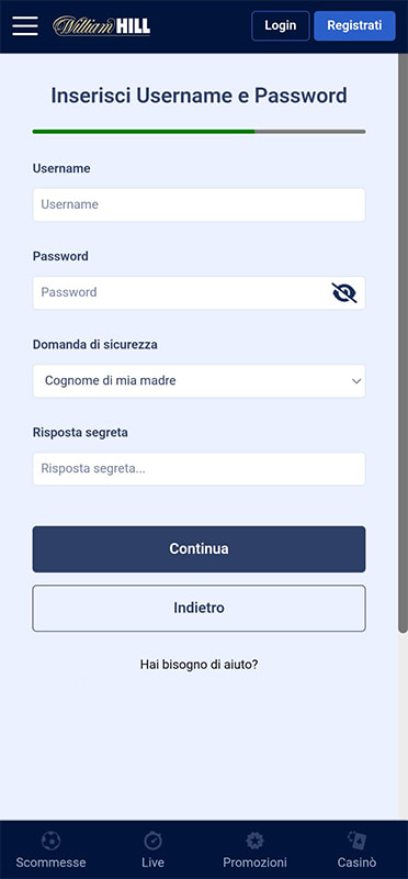I dettagli dell’account da creare sul sito di William Hill