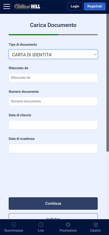 Verifica con documento di identità da parte del casinò William Hill