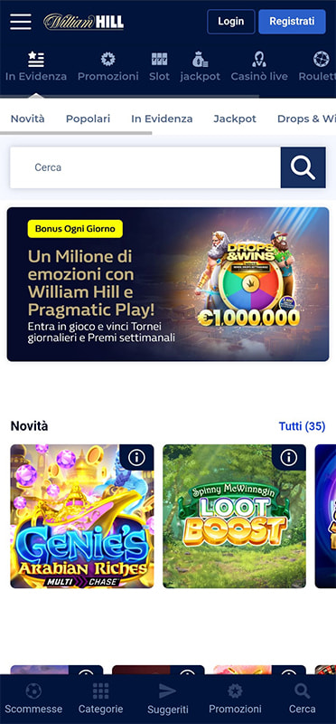 L’homepage con il pulsante di registrazione del casinò William Hill