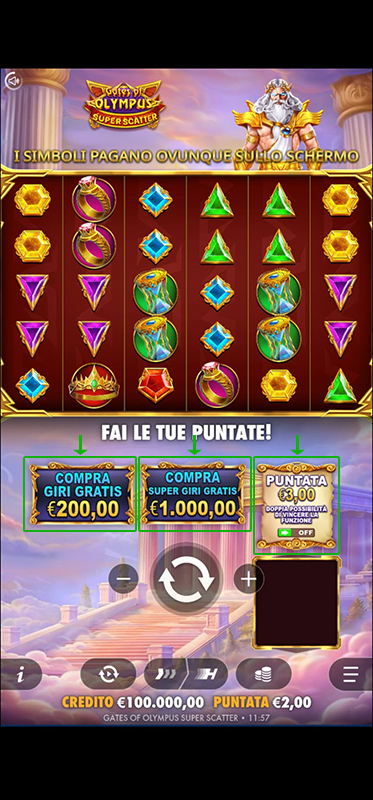 I pulsanti di attivazione delle funzioni acquistabili nella slot Gates of Olympus Super Scatter di Pragmatic Play