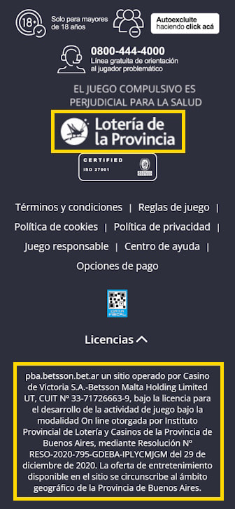 Logo del regulador e información de licencia en el pie de página de un casino online