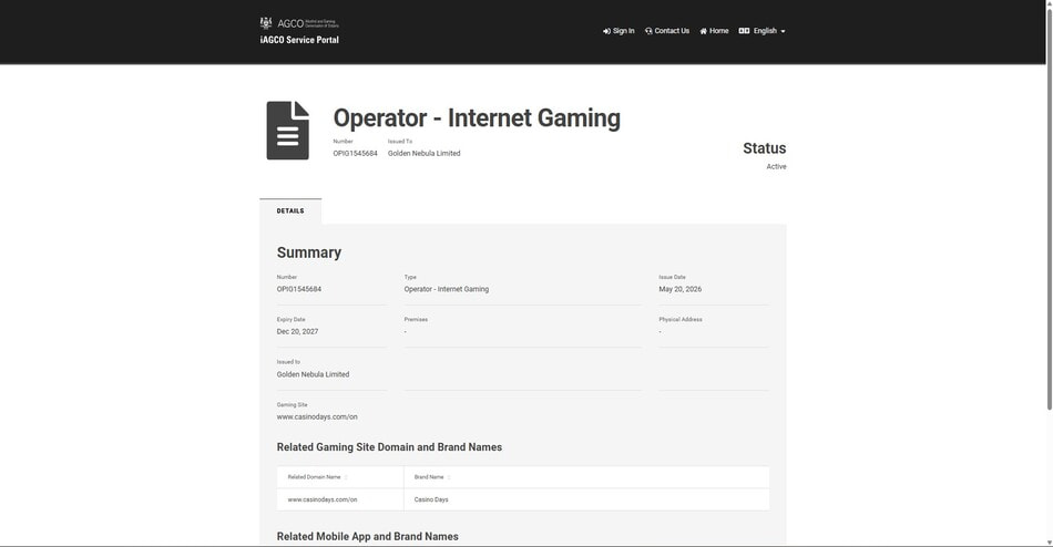 Search results for Casino Days on AGCO's official licence register