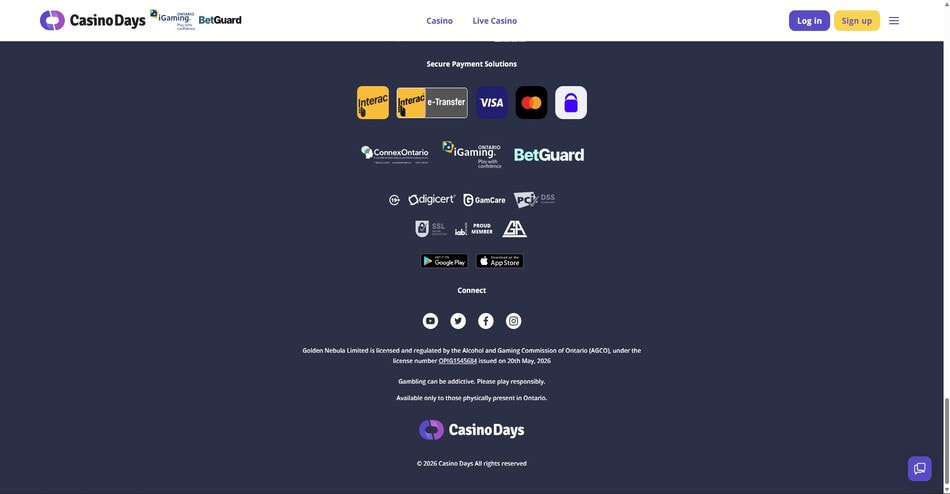 The licence info on the Casino Days website footer