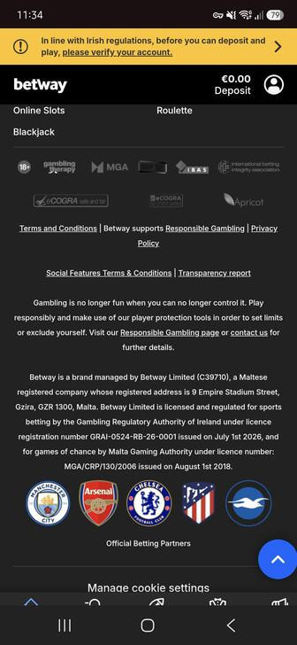 The licence info on the Betway website footer