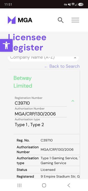 Licence verification results on the MGA's official website for the company behind Betway.