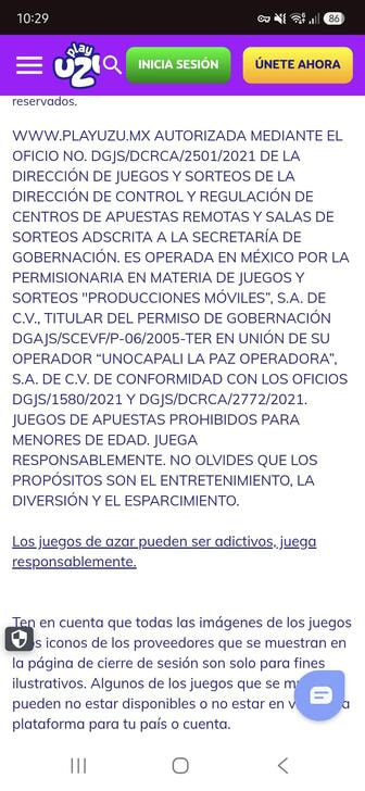 Los datos del permiso de SEGOB en el pie de página del sitio de PlayUZU