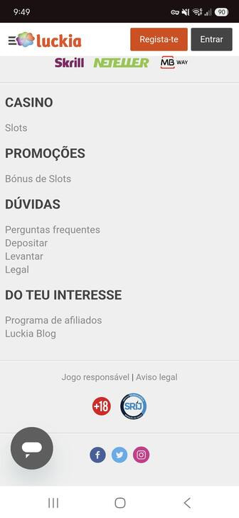 O selo de licença do SRIJ no rodapé do site da Luckia