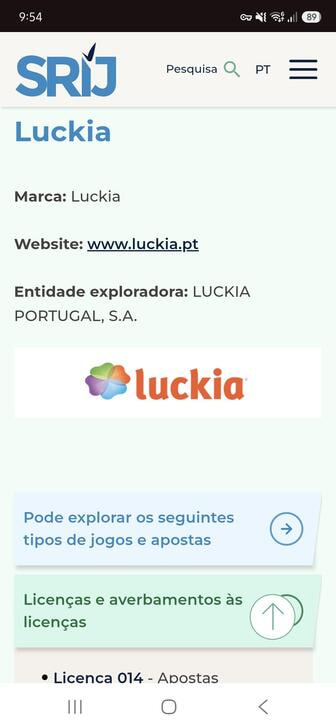 A entrada da Luckia no registo do SRIJ, com a empresa licenciada e os números de licença