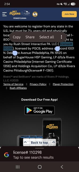 The license number of BetRivers in Pennsylvania, listed in the casino site's footer