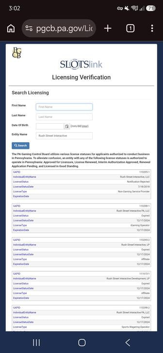 License search results on PGCB's official website for Rush Street Interactive, the company behind BetRivers