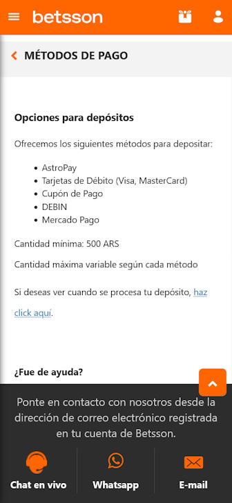 Métodos de pago disponibles para depositar en Betsson Argentina